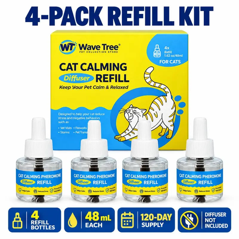 Wavetree Cat Calming Pheromone Diffuser Refill Kit (4-Pack, 120-Day Supply) - 48Ml Odorless Non-Toxic Liquid, Drug-Free Stress Relief for Meowing & Pee Spraying, Relaxing Behavior Support, Comfortable for Living Rooms - Tiktokshopbacktoschool