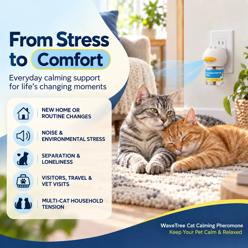 Wavetree Cat Calming Pheromone Diffuser Refill Kit (4-Pack, 120-Day Supply) - 48Ml Odorless Non-Toxic Liquid, Drug-Free Stress Relief for Meowing & Pee Spraying, Relaxing Behavior Support, Comfortable for Living Rooms - Tiktokshopbacktoschool