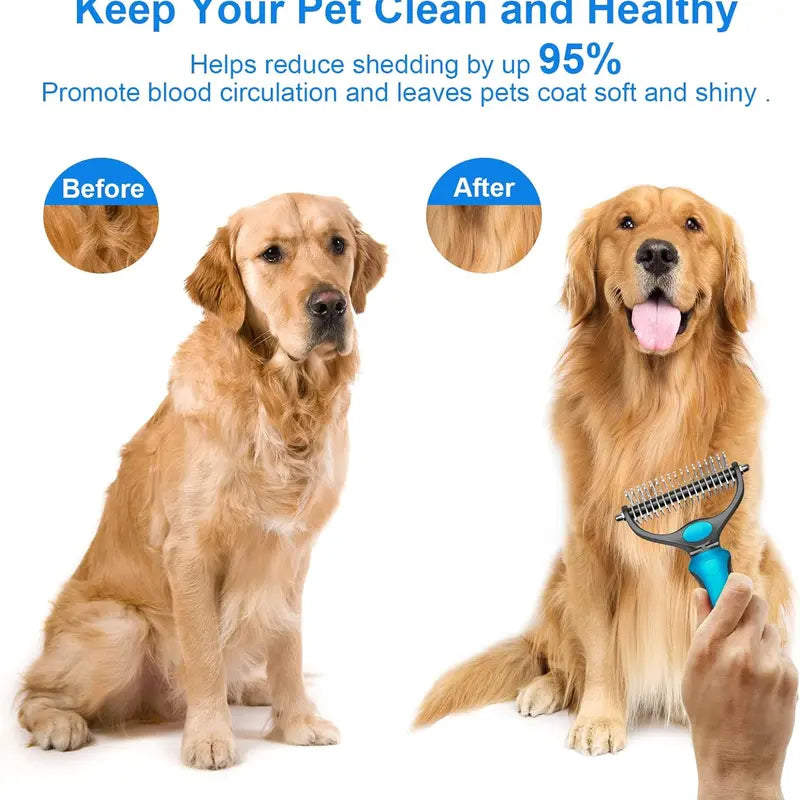 Double-Sided Pet Deshedding Brush - Hurtless Undercoat Rake Comb for Dogs, Cats, Reduces Shedding, Flying Hair