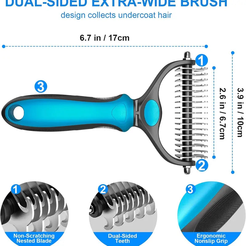 Double-Sided Pet Deshedding Brush - Hurtless Undercoat Rake Comb for Dogs, Cats, Reduces Shedding, Flying Hair