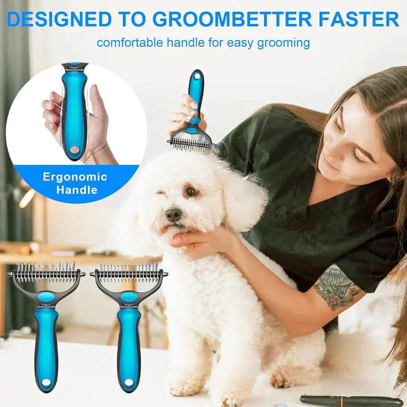 Double-Sided Pet Deshedding Brush - Hurtless Undercoat Rake Comb for Dogs, Cats, Reduces Shedding, Flying Hair