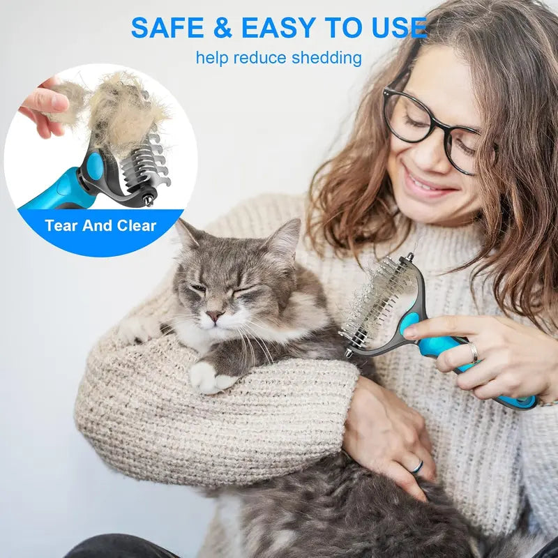 Double-Sided Pet Deshedding Brush - Hurtless Undercoat Rake Comb for Dogs, Cats, Reduces Shedding, Flying Hair