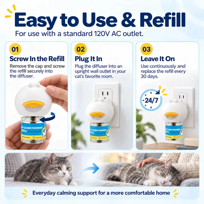 Wavetree Cat Calming Pheromone Diffuser Refill Kit (4-Pack, 120-Day Supply) - 48Ml Odorless Non-Toxic Liquid, Drug-Free Stress Relief for Meowing & Pee Spraying, Relaxing Behavior Support, Comfortable for Living Rooms - Tiktokshopbacktoschool