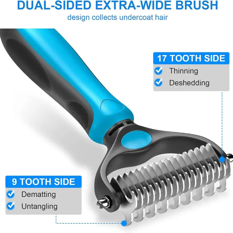 Double-Sided Pet Deshedding Brush - Hurtless Undercoat Rake Comb for Dogs, Cats, Reduces Shedding, Flying Hair
