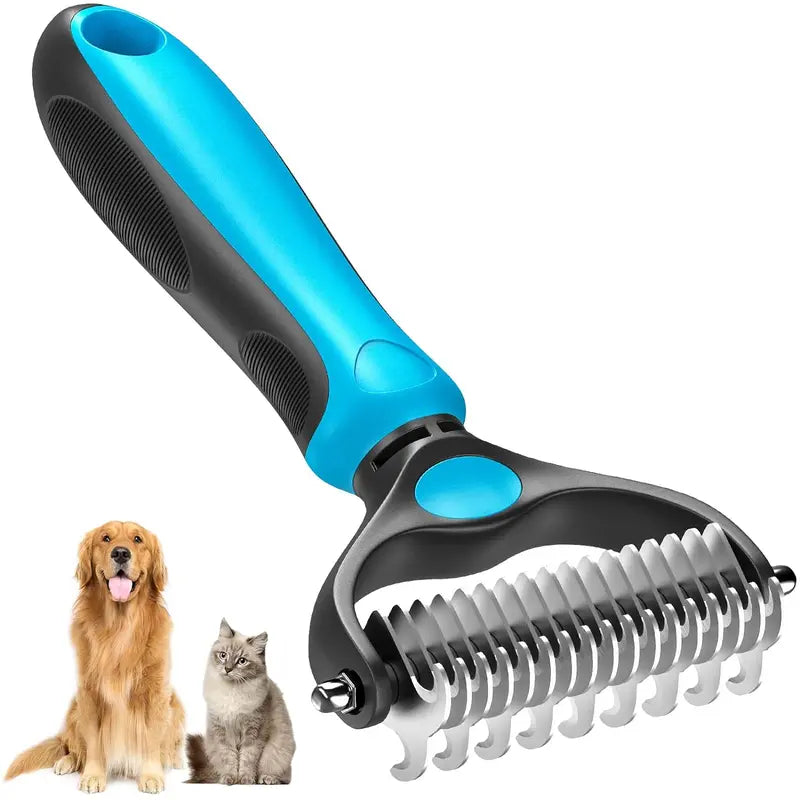 Double-Sided Pet Deshedding Brush - Hurtless Undercoat Rake Comb for Dogs, Cats, Reduces Shedding, Flying Hair